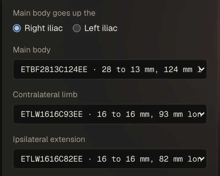 Sizing the graft: the main body up the right iliac, with an Endurant main body, contralateral limb and extension picked